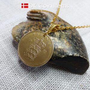 Denmark 1953 coin necklace. 71 year old Golden Crown Danish Coat of Arms 2 kroner as coin pendant