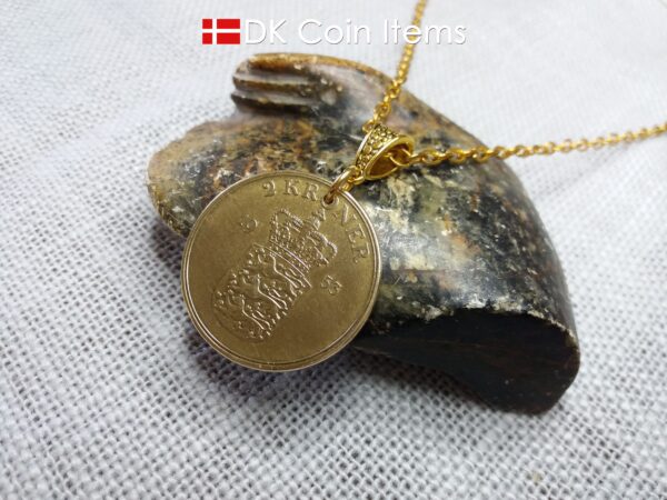 Denmark 1953 coin necklace. 71 year old Golden Crown Danish Coat of Arms 2 kroner as coin pendant