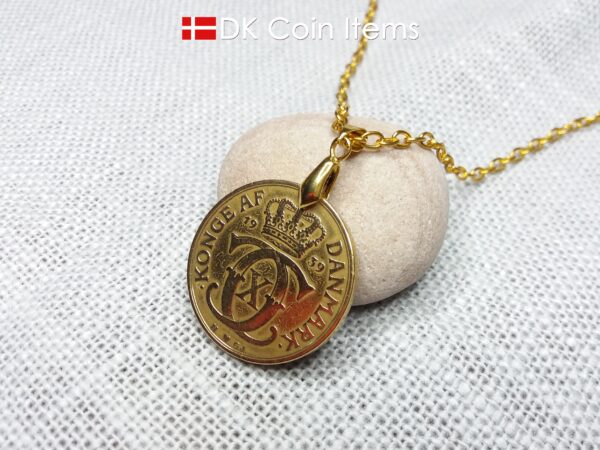 Denmark 1939 coin necklace. 85 year old golden Crown C initial 2 kroner coin pendant. Antique Danish souvenir gift