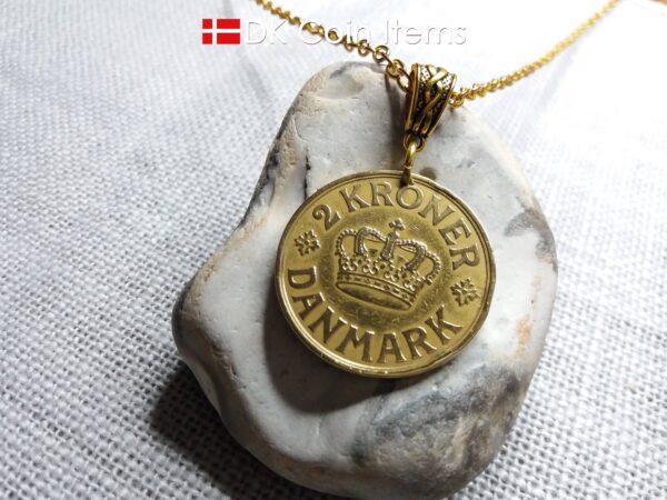 Denmark 1939 coin necklace. 85 year old golden coin pendant. Danish Crown C initial 2 kroner. Antique souvenir gift