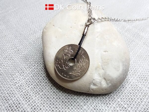 Denmark 1988 coin necklace. 36 year old coin pendant. Crown M Initial 25 ore. Danish vintage souvenir gift