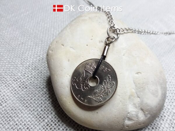 Denmark 1987 coin necklace. 37 year old Crown M Initial 25 ore coin pendant. Danish vintage souvenir gift