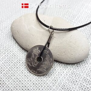 Denmark 1973 coin necklace. 51 year old coin pendant. Danish Crown M Initial 25 ore. Vintage souvenir gift