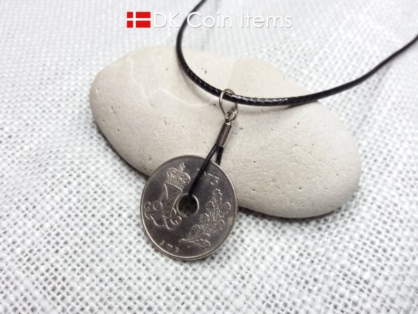 Denmark 1973 coin necklace. 51 year old coin pendant. Danish Crown M Initial 25 ore. Vintage souvenir gift