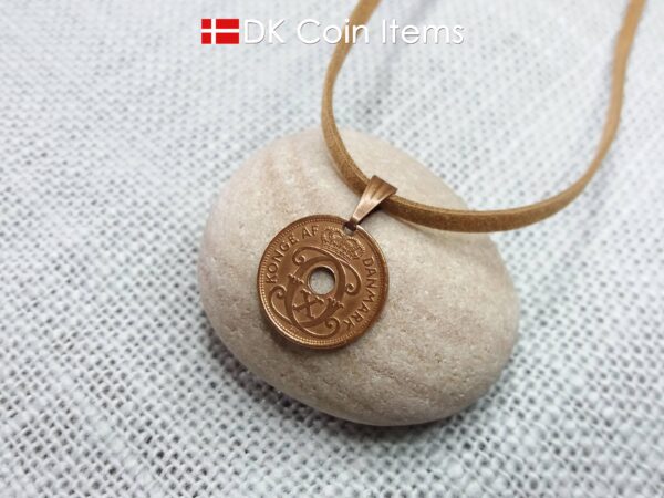 Denmark coin necklace with 86 year old coin pendant. Danish initial C copper 1 ore coin