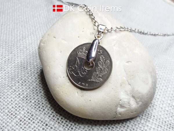 Denmark 1973 coin necklace. 51 year old Crown M Initial 25 ore coin pendant. Danish vintage souvenir gift