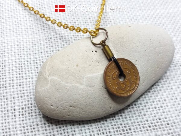 Antique Danish 1937 coin necklace with 87 year old Crown C initial copper 1 ore coin pendant from Denmark