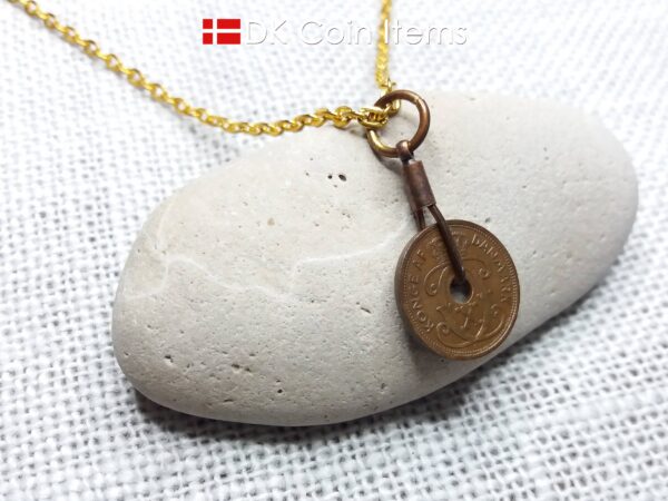 Antique Danish 1930 coin necklace with 94 year old Crown C initial copper 1 ore coin pendant from Denmark