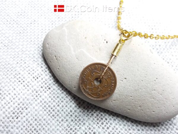 Danish 1933 coin necklace. 91 year old copper 1 ore from Denmark. Antique Crown C initial coin as pendant