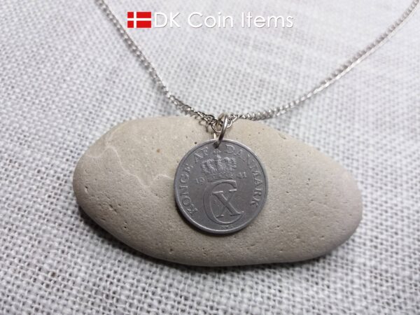 Denmark 1941 coin necklace. 83 year old Crown C initial 2 ore coin pendant. 83rd birthday gift. Antique Danish vintage souvenir gift.