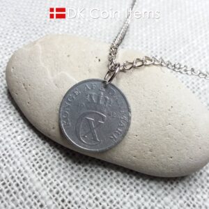 Denmark 1942 coin necklace. 82 year old Crown C initial 2 ore coin pendant. 82nd birthday gift. Antique Danish vintage souvenir gift