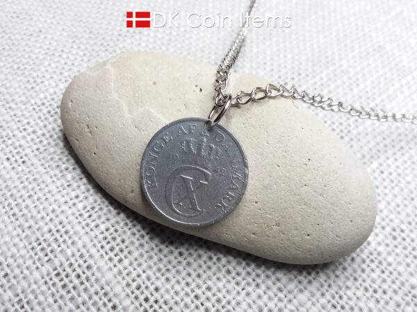 Denmark 1942 coin necklace. 82 year old Crown C initial 2 ore coin pendant. 82nd birthday gift. Antique Danish vintage souvenir gift