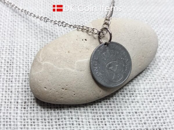 Denmark 1943 coin necklace. 81 year old Crown C initial 2 ore coin pendant. 81st birthday gift. Antique Danish vintage souvenir gift