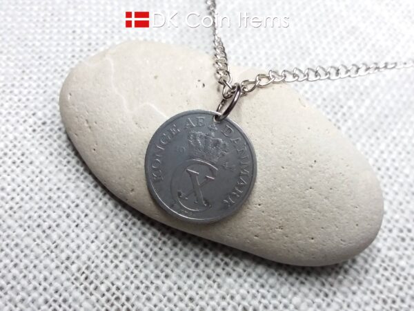 Denmark 1944 coin necklace. 80 year old Crown C initial 2 ore coin pendant. 80th birthday gift. Antique Danish vintage souvenir gift