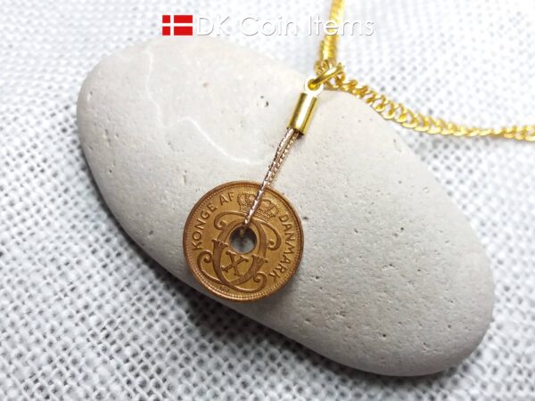 Denmark antique 1937 coin necklace. 87 year old Crown C initial copper 1 ore coin pendant. Danish vintage souvenir. 87th birthday gift