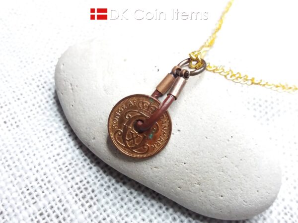 Denmark antique 1938 coin necklace. 86 year old Crown C initial copper 1 ore coin pendant. Danish vintage souvenir. 86th birthday gift