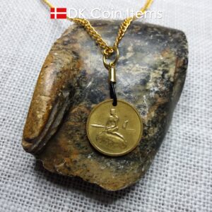 Denmark vintage token coin necklace with The Little Mermaid sculpture in Copenhagen. Danish fairy tale souvenir