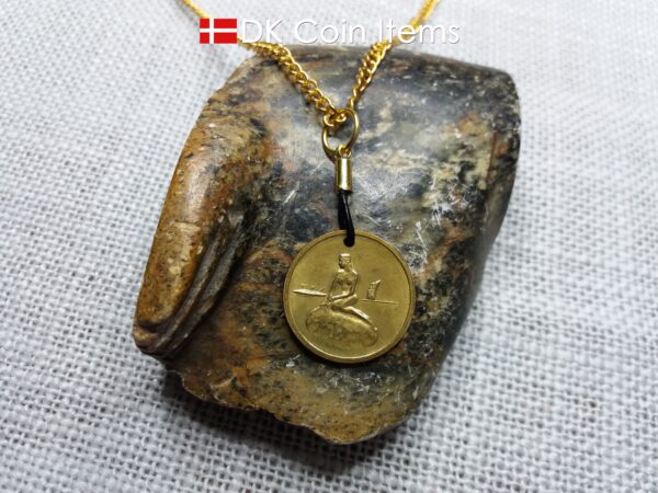 Denmark vintage token coin necklace with The Little Mermaid sculpture in Copenhagen. Danish fairy tale souvenir