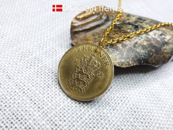 Denmark 1958 coin necklace. 66 year old Golden Crown Coat of Arms 2 kroner coin pendant