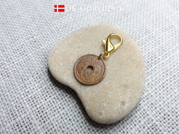 Denmark 1940 coin charm. 84 year old coin pendant. Copper 1 ore with Crown C initial