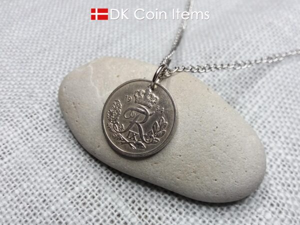 Denmark 1954 coin necklace. 70 year old coin pendant. Danish 25 ore with Crown R initial