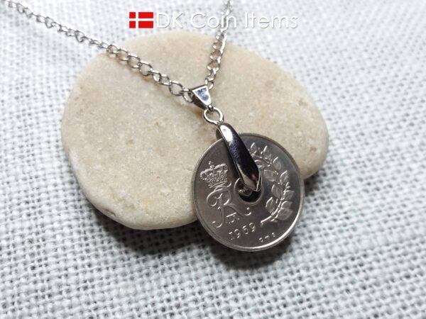 Denmark 1969 coin necklace. 55 year old coin pendant. Danish 25 ore with Crown R initial