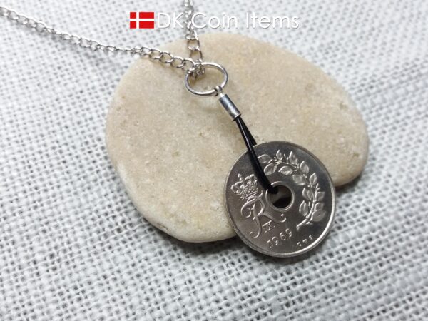 Denmark 1969 coin necklace. 55 year old coin pendant. Initial R 25 ore. Danish Crown souvenir