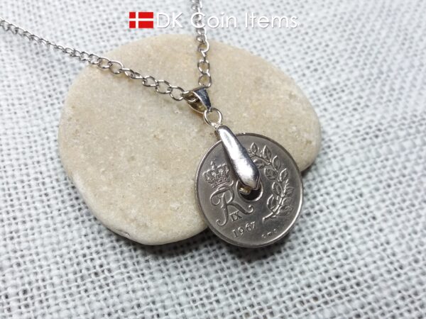 Denmark 1967 coin necklace. 57 year old coin pendant. Danish 25 ore with Crown R initial