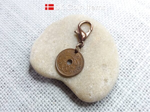 Denmark 1930 coin charm. 94 year old coin pendant. Copper 1 ore with Crown C initial