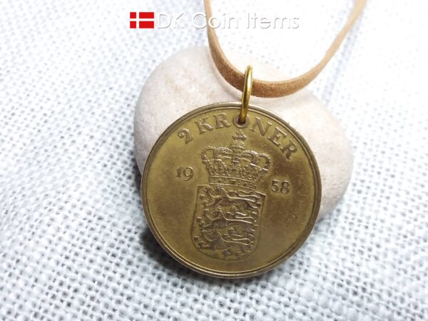 Denmark 1958 coin pendant necklace. 66 year old Golden Crown Coat of Arms 2 kroner coin