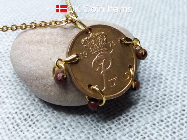 Denmark 1972 coin necklace with 52 year old R initial 5 ore as coin pendant