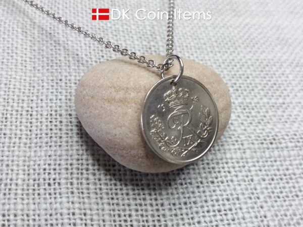 Denmark 1958 coin pendant necklace. 66 year old 25 ore coin with Crown R initial