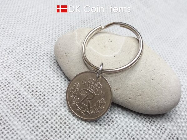 Denmark 1958 coin pendant keychain. 66 year old 25 ore coin with Crown R initial