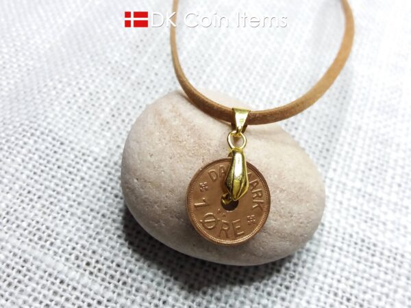 Denmark 1938 coin necklace. 86 year old coin pendant. Copper 1 ore with Crown C initial