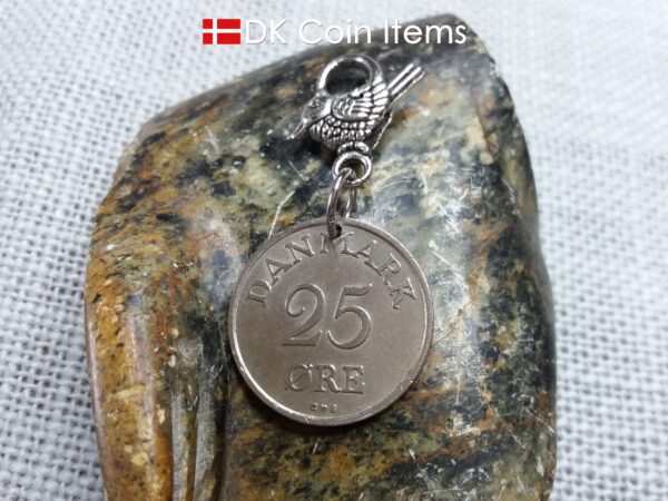 Denmark 1958 coin pendant charm. 66 year old 25 ore coin with Crown R initial