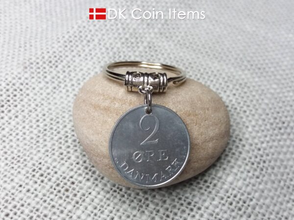 Denmark 1970 coin keychain. 54 year old R-initial 2 ore coin pendant. 54th birthday gift.