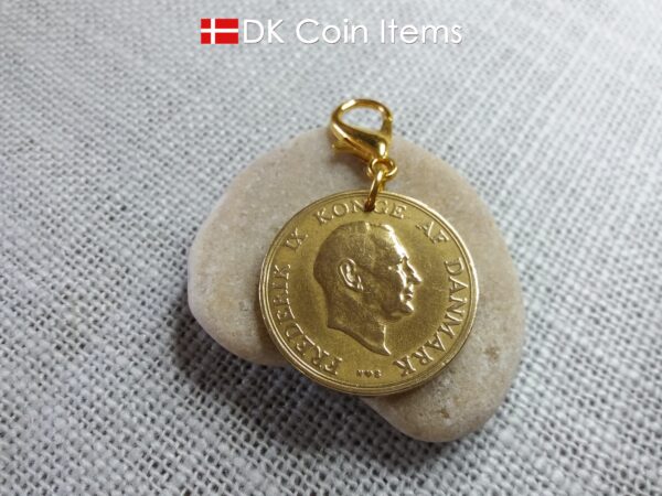 Denmark 1952 coin charm. 72 year old Golden Crown Coat of Arms 2 kroner coin pendant. Vintage souvenir gift.