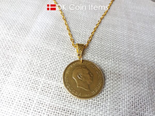 Denmark 1953 coin necklace. 71 year old Golden Crown Danish Coat of Arms 2 kroner as coin pendant