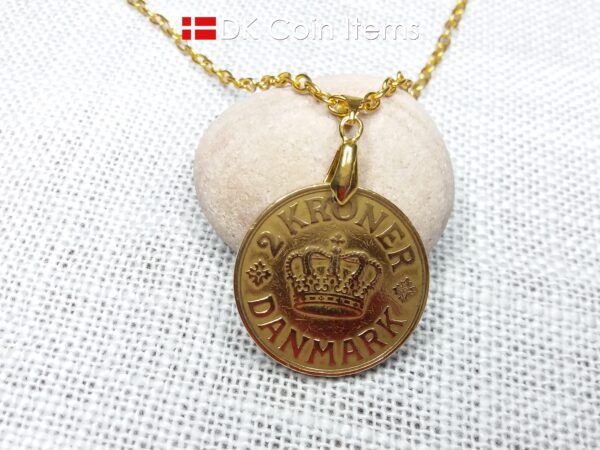 Denmark 1939 coin necklace. 85 year old golden Crown C initial 2 kroner coin pendant. Antique Danish souvenir gift