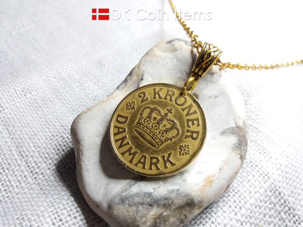 Denmark 1939 coin necklace. 85 year old golden coin pendant. Danish Crown C initial 2 kroner. Antique souvenir gift