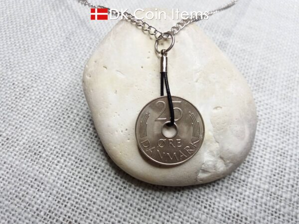 Denmark 1988 coin necklace. 36 year old coin pendant. Crown M Initial 25 ore. Danish vintage souvenir gift