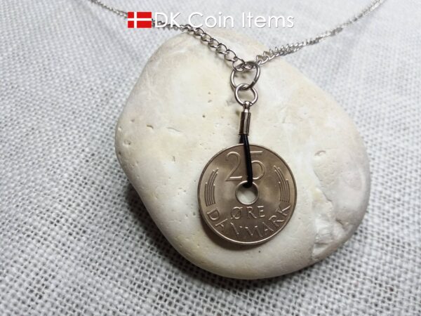 Denmark 1987 coin necklace. 37 year old Crown M Initial 25 ore coin pendant. Danish vintage souvenir gift