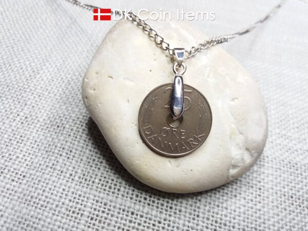 Denmark 1973 coin necklace. 51 year old Crown M Initial 25 ore coin pendant. Danish vintage souvenir gift