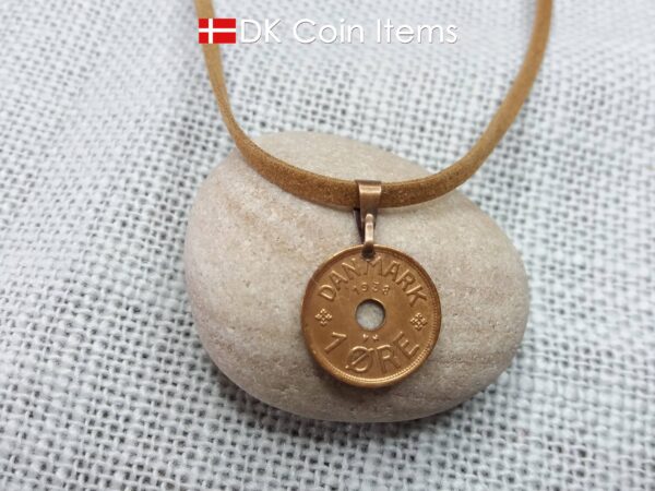 Denmark coin necklace with 86 year old coin pendant. Danish initial C copper 1 ore coin