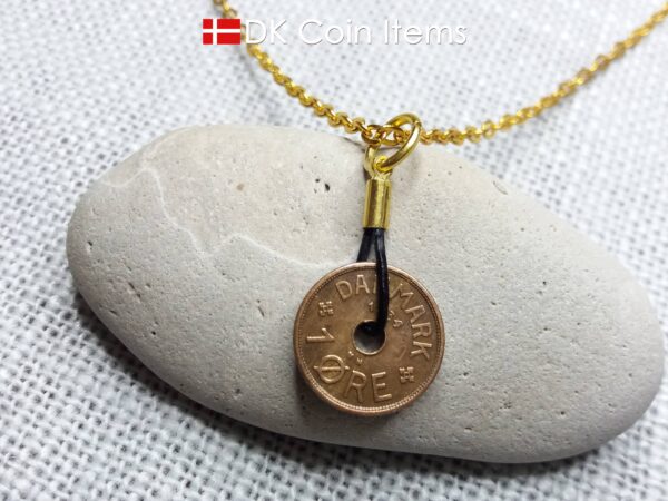 Antique Danish 1934 coin necklace with 87 year old Crown C initial copper 1 ore coin pendant from Denmark