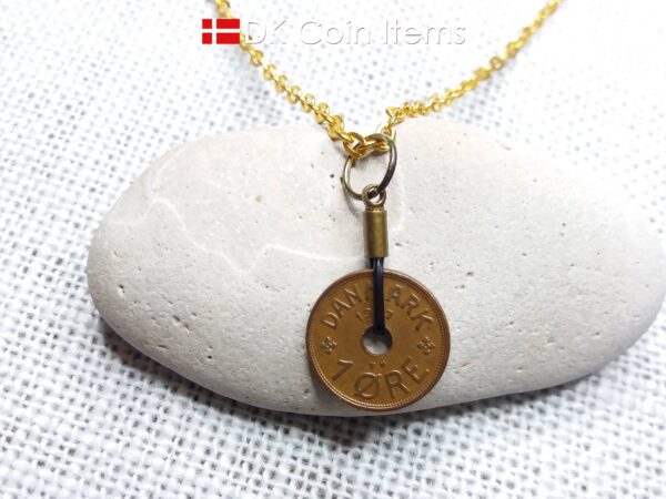 Antique Danish 1937 coin necklace with 87 year old Crown C initial copper 1 ore coin pendant from Denmark