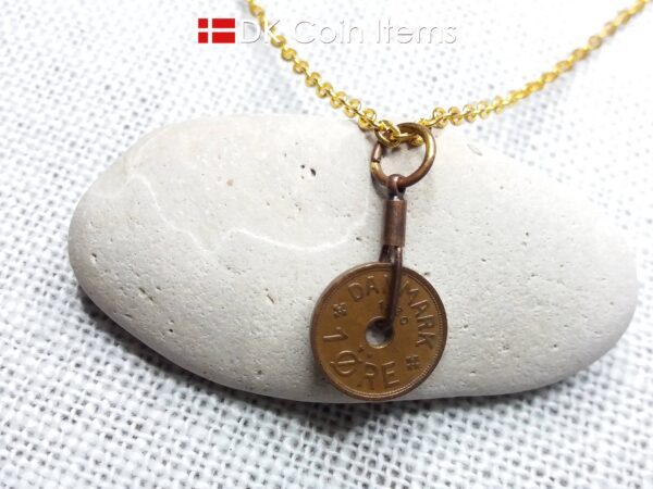 Antique Danish 1930 coin necklace with 94 year old Crown C initial copper 1 ore coin pendant from Denmark