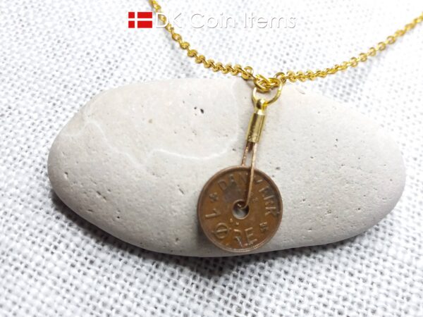 Danish 1933 coin necklace. 91 year old copper 1 ore from Denmark. Antique Crown C initial coin as pendant