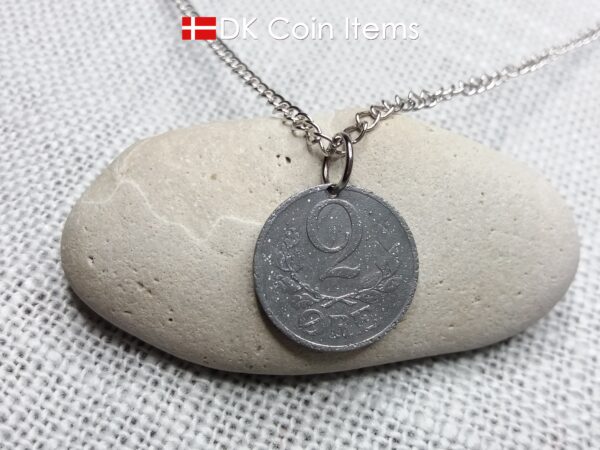 Denmark 1943 coin necklace. 81 year old Crown C initial 2 ore coin pendant. 81st birthday gift. Antique Danish vintage souvenir gift