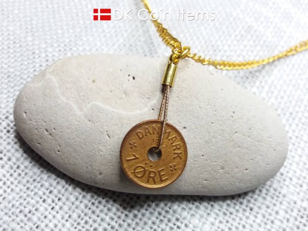 Denmark antique 1937 coin necklace. 87 year old Crown C initial copper 1 ore coin pendant. Danish vintage souvenir. 87th birthday gift